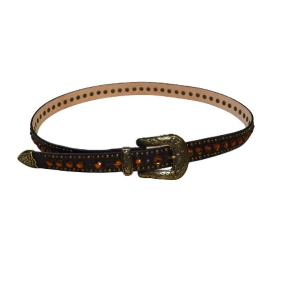 Western Rhinestone Studded Leather Belt Dark Brown XL Orange Stones - Picture 1 of 10